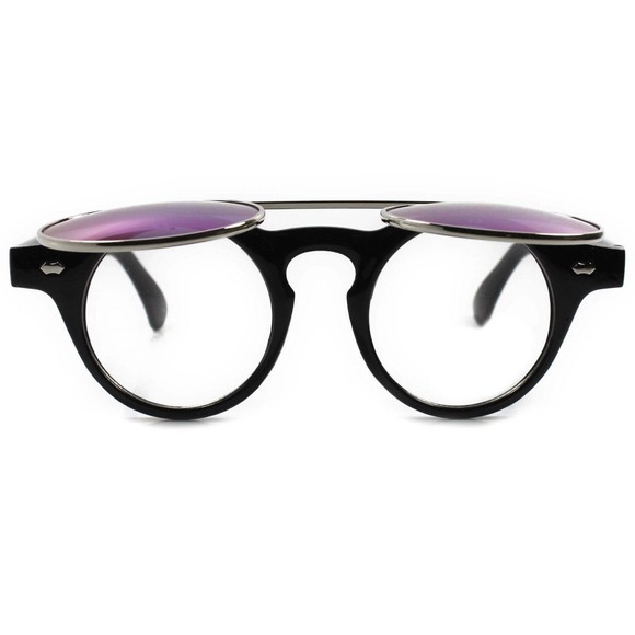 Retro 70s Urban Steampunk Black Green Mirrored Lens Round Flip Up Sunglasses - Picture 4 of 5